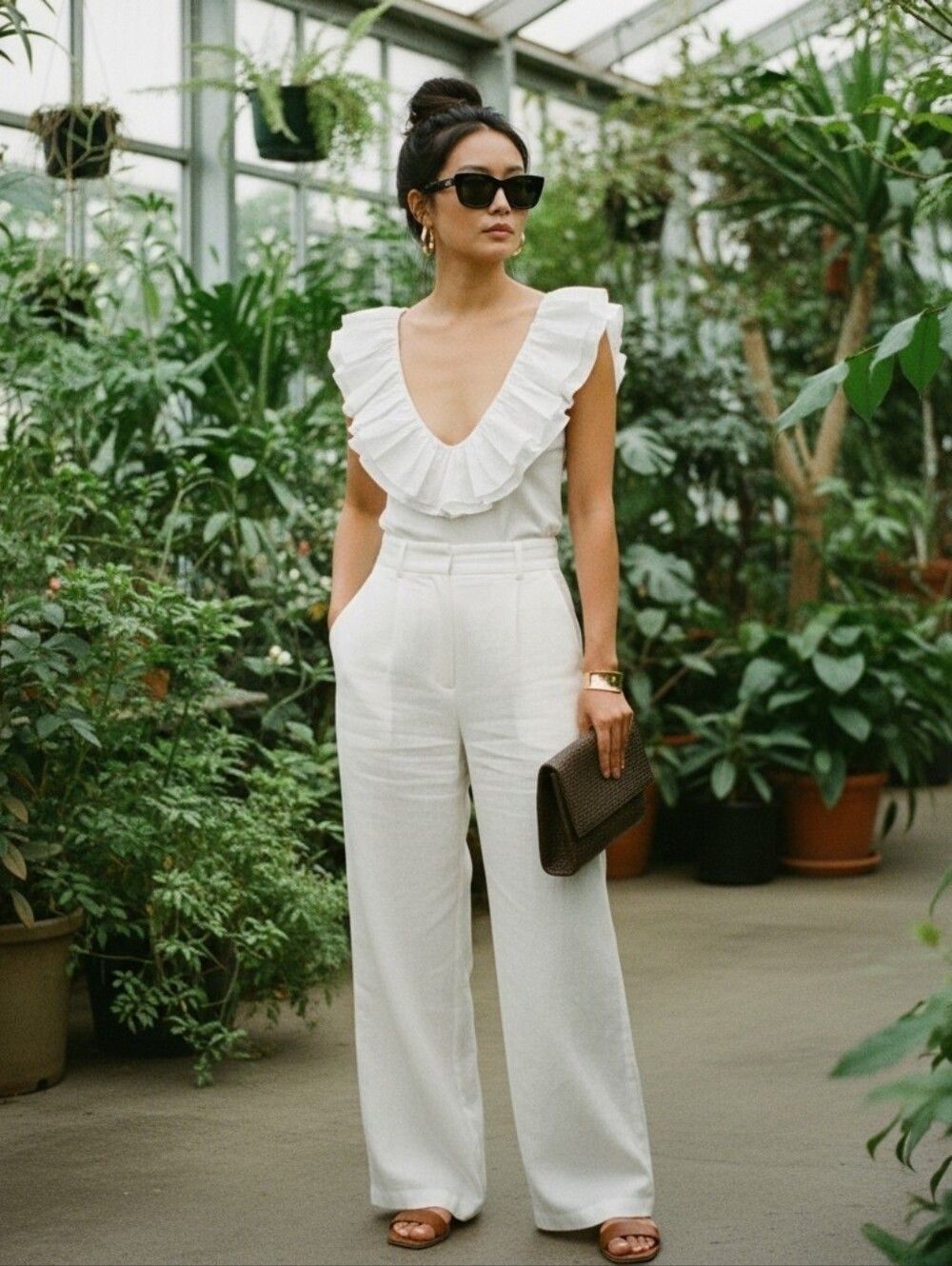 NWT Zara White Ribbed Ruffle V-Neck Top - Size S